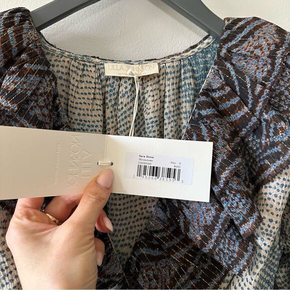 Ulla Johnson Sara Metallic Blue Stripe Ruffle Long Sleeve Silk Mini Dress - Picture 7 of 10